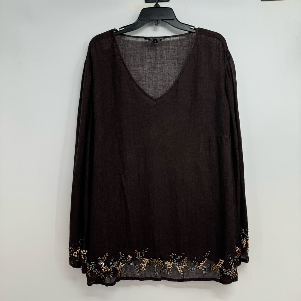 Lafayette 148  Linen Top Blouse Size 18 Brown Beaded Details